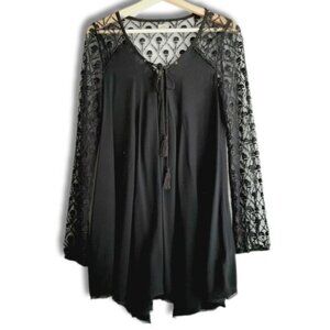 ECOTE Boho Floral Lace Tassel Tie Semi-Sheer Tunic Blouse Black Sz S